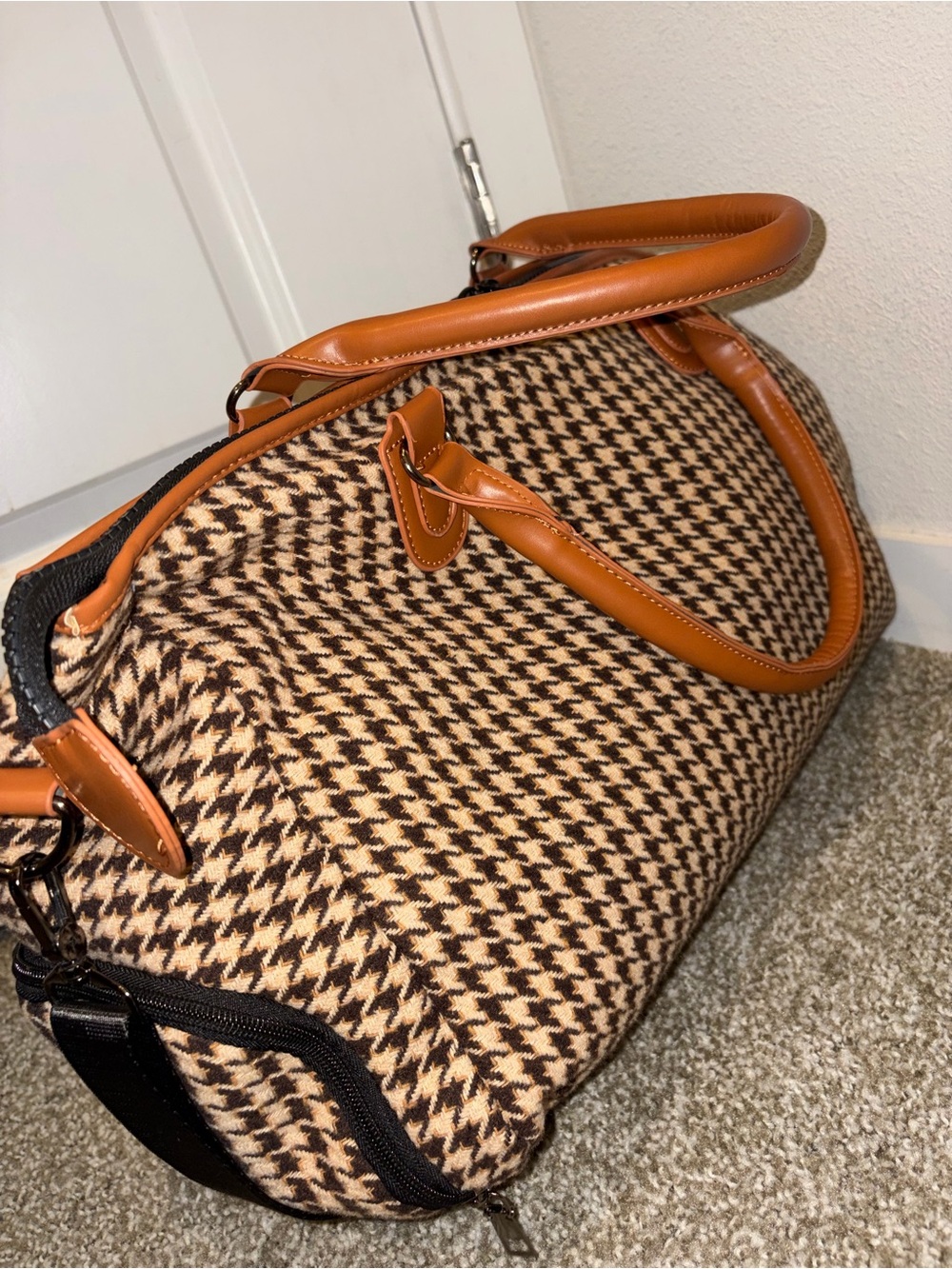 Myra Bag Houndstooth Travel Duffel in Brown and Tan Leather Trim